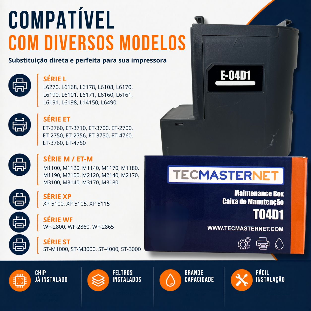 Caixa de manutenção T04D1 Tecmasternet compatível com Epson L6190 L6170 L6270 L14150 M3170 WF-2860