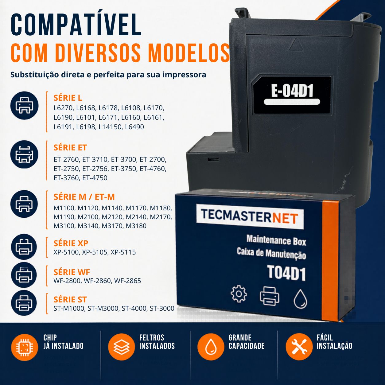 Caixa de manutenção T04D1 Tecmasternet compatível com Epson L6190 L6170 L6270 L14150 M3170 WF-2860