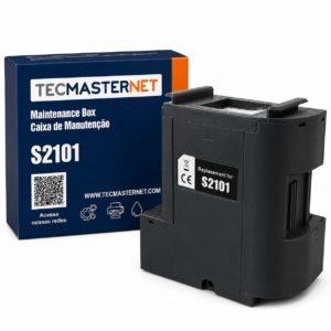 Caixa de manutenção compatível Epson S2101 / C13S210125 para impressoras SureColor F100, F130, F150, F160 e F170, com chip e feltros já instalados, pronta para uso.