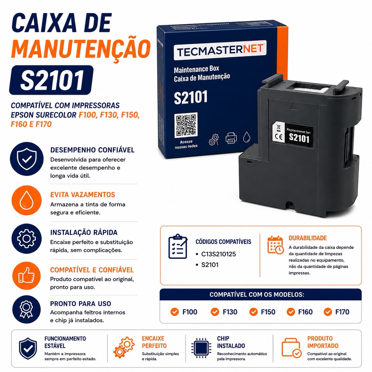 Caixa de manutenção compatível Epson S2101 / C13S210125 para impressoras SureColor F100, F130, F150, F160 e F170, com chip e feltros já instalados, pronta para uso.