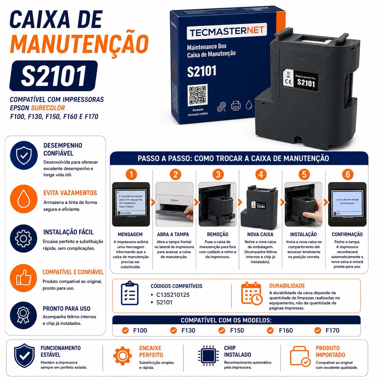 Caixa de manutenção compatível Epson S2101 / C13S210125 para impressoras SureColor F100, F130, F150, F160 e F170, com chip e feltros já instalados, pronta para uso.