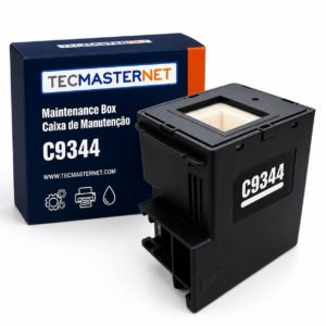Caixa de manutenção C9344 compatível para impressoras Epson, com chip instalado e feltros internos, acompanhada da embalagem Tecmasternet em fundo branco