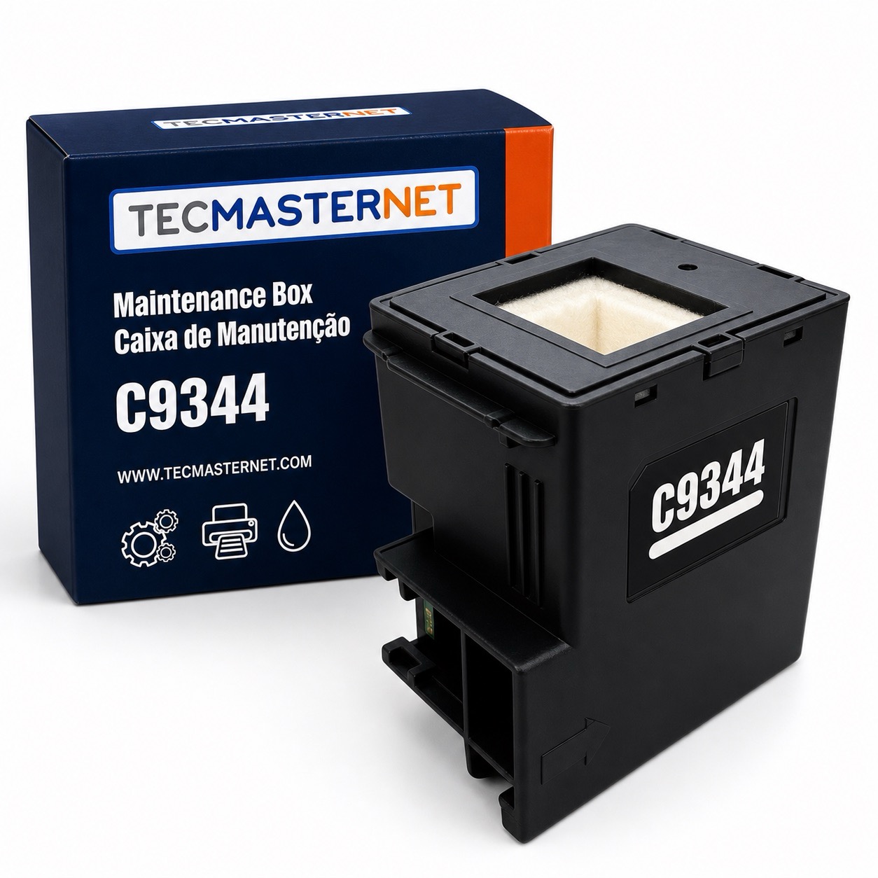 Caixa de manutenção C9344 compatível para impressoras Epson, com chip instalado e feltros internos, acompanhada da embalagem Tecmasternet em fundo branco