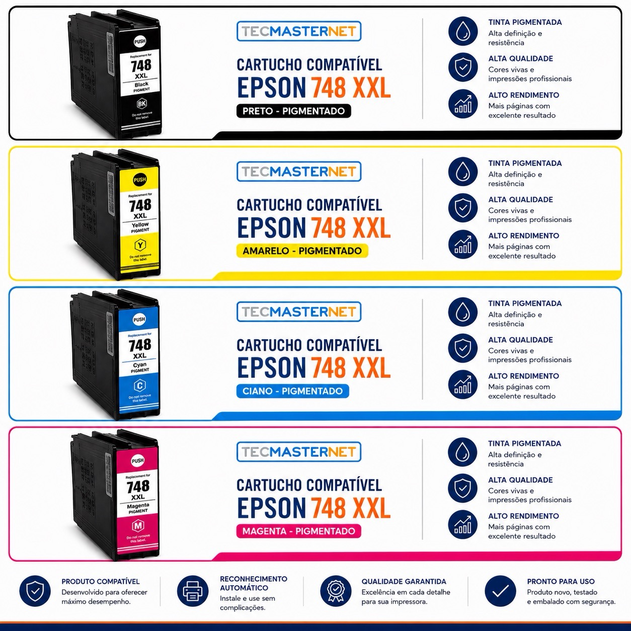 Kit cartucho T748 XXL pigmentado compatível Epson WF-C6590 WF-C6090