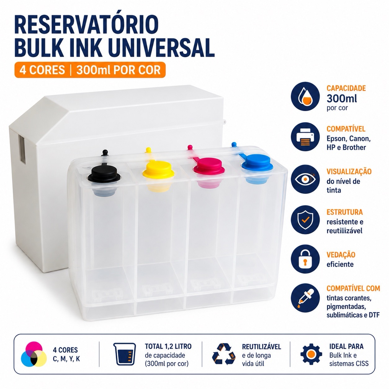 Reservatório Bulk Ink Universal 4 Cores 300ml para Impressoras Epson Canon HP Brother