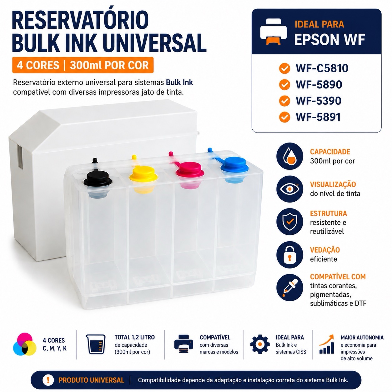 Reservatório Bulk Ink Universal 4 Cores 300ml para Impressoras Epson Canon HP Brother
