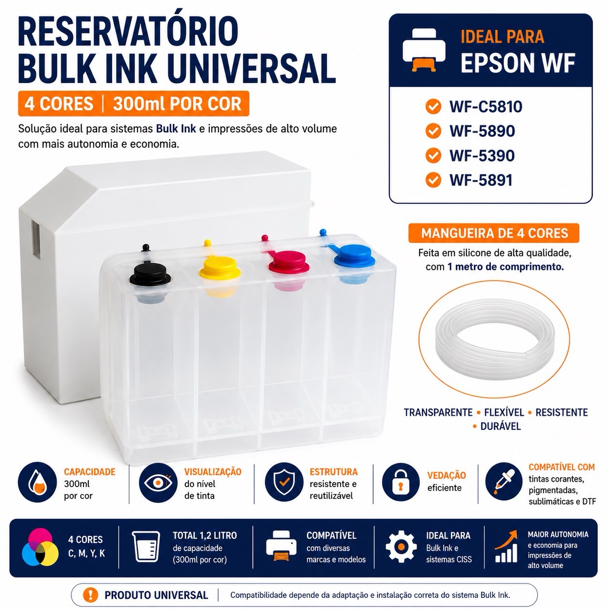 Reservatório Bulk Ink Universal 4 Cores 300ml para Impressoras Epson Canon HP Brother