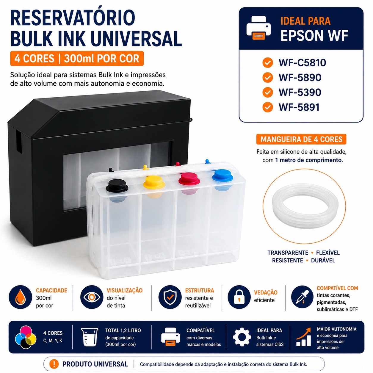 Reservatório Bulk Ink Universal 4 Cores 300ml para Impressoras Epson Canon HP Brother