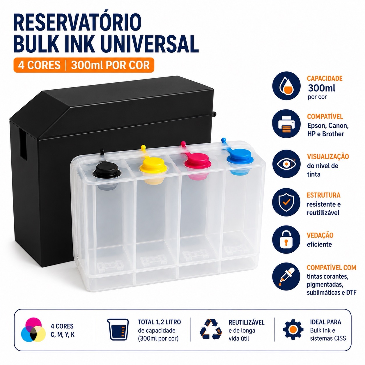 Reservatório Bulk Ink Universal 4 Cores 300ml para Impressoras Epson Canon HP Brother